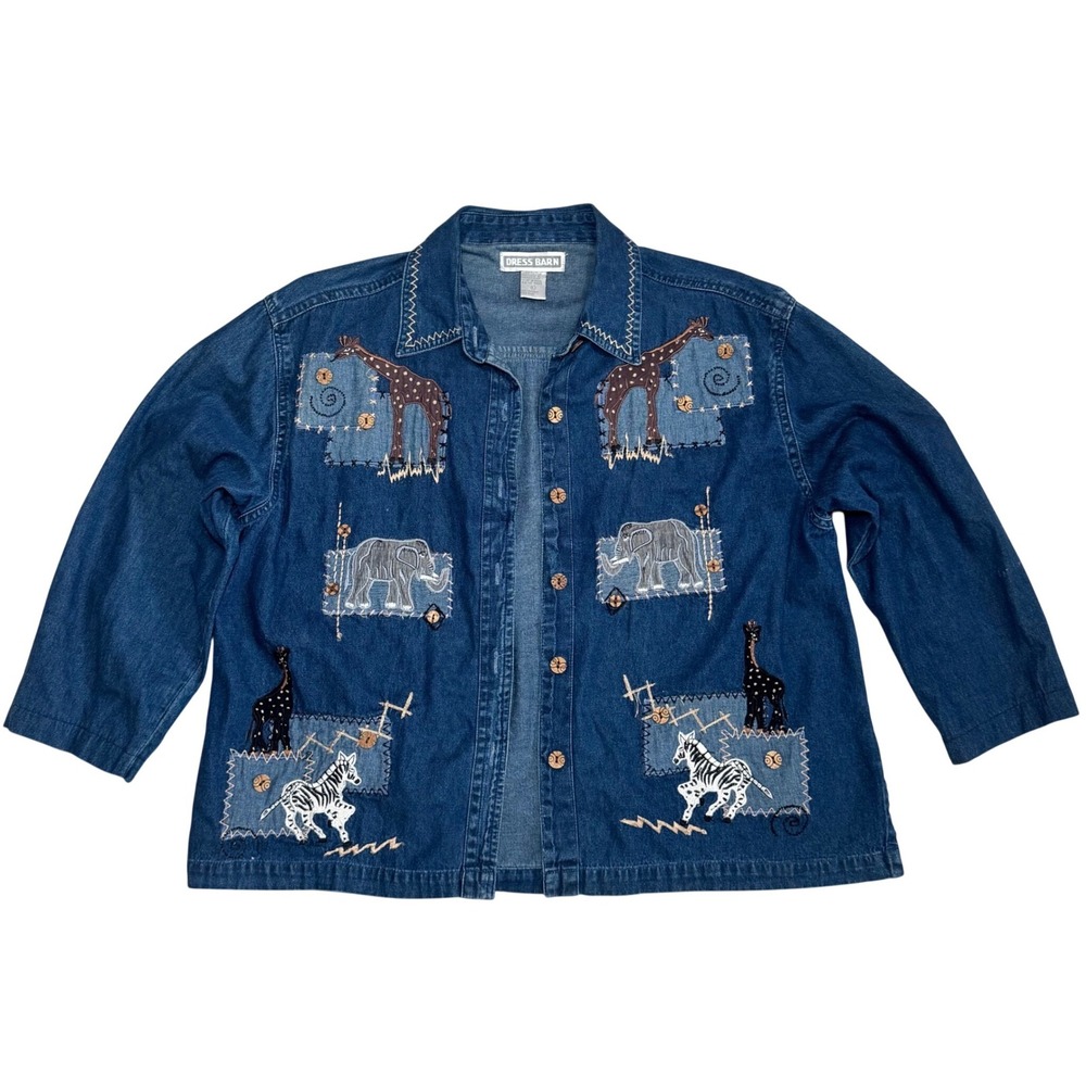 VTG Dressbarn Safari Animal Patchwork Denim Shirt‎ Jacket Cotton L Embellished